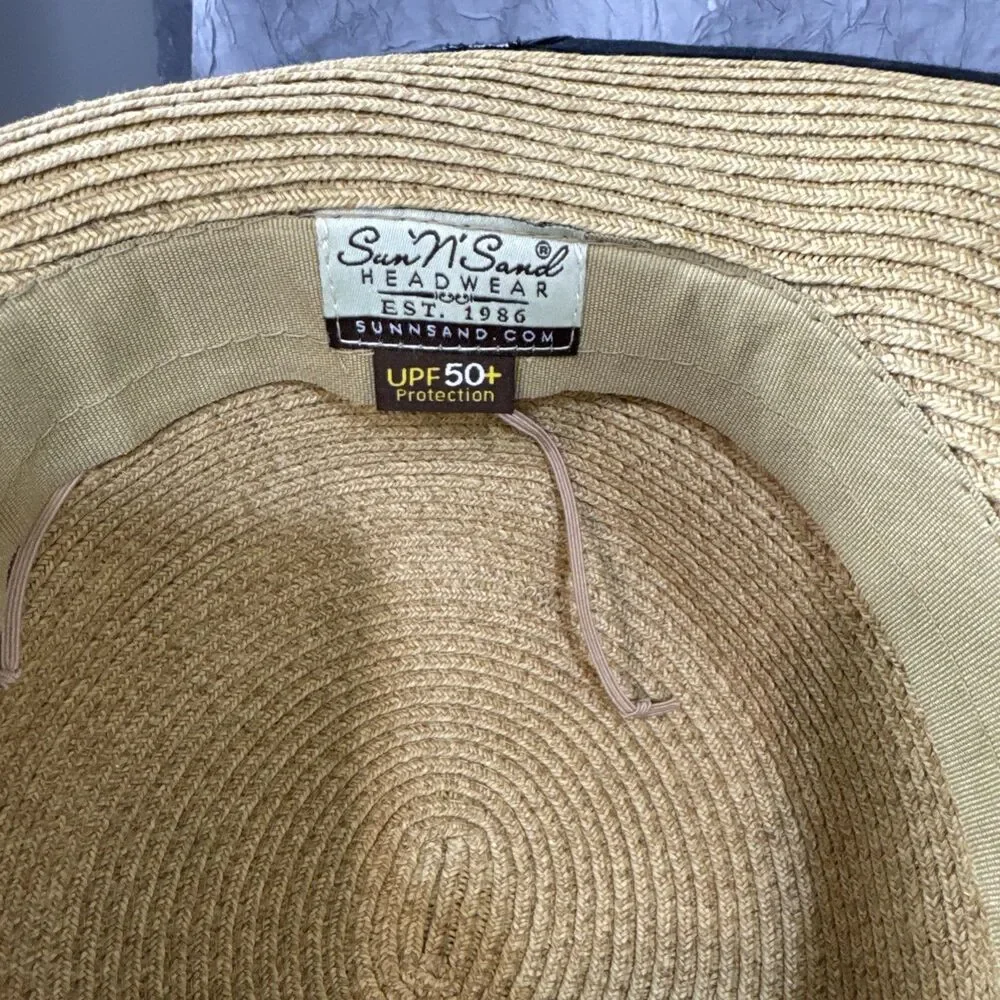 Sun N Sand UPF 50+‎ Beige Straw Hat W/black Trim Fabric Bow Women Adjustable